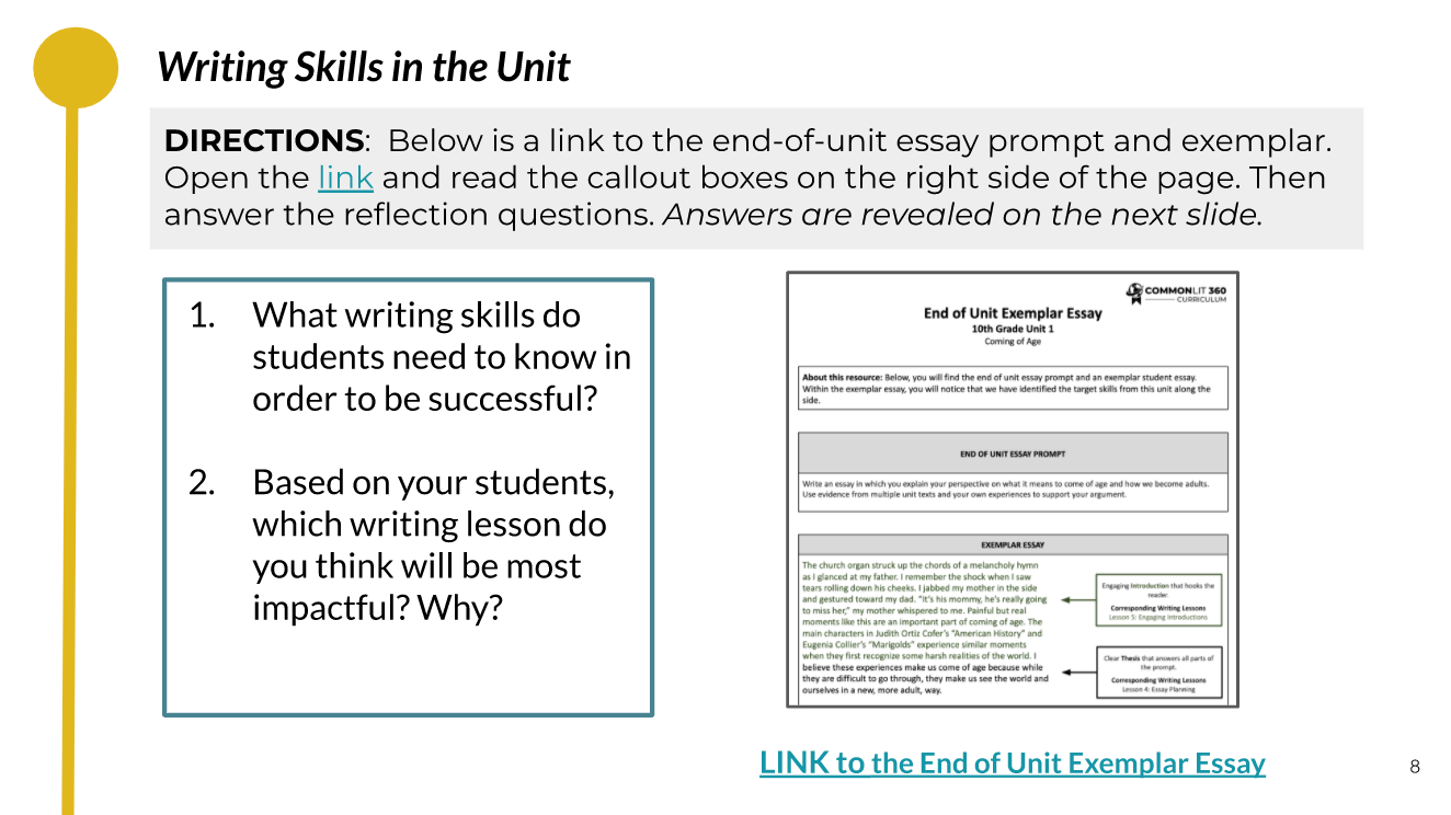 A slide from the video training for CommonLit 360 10th grade unit 1 about the writing skills in the unit.