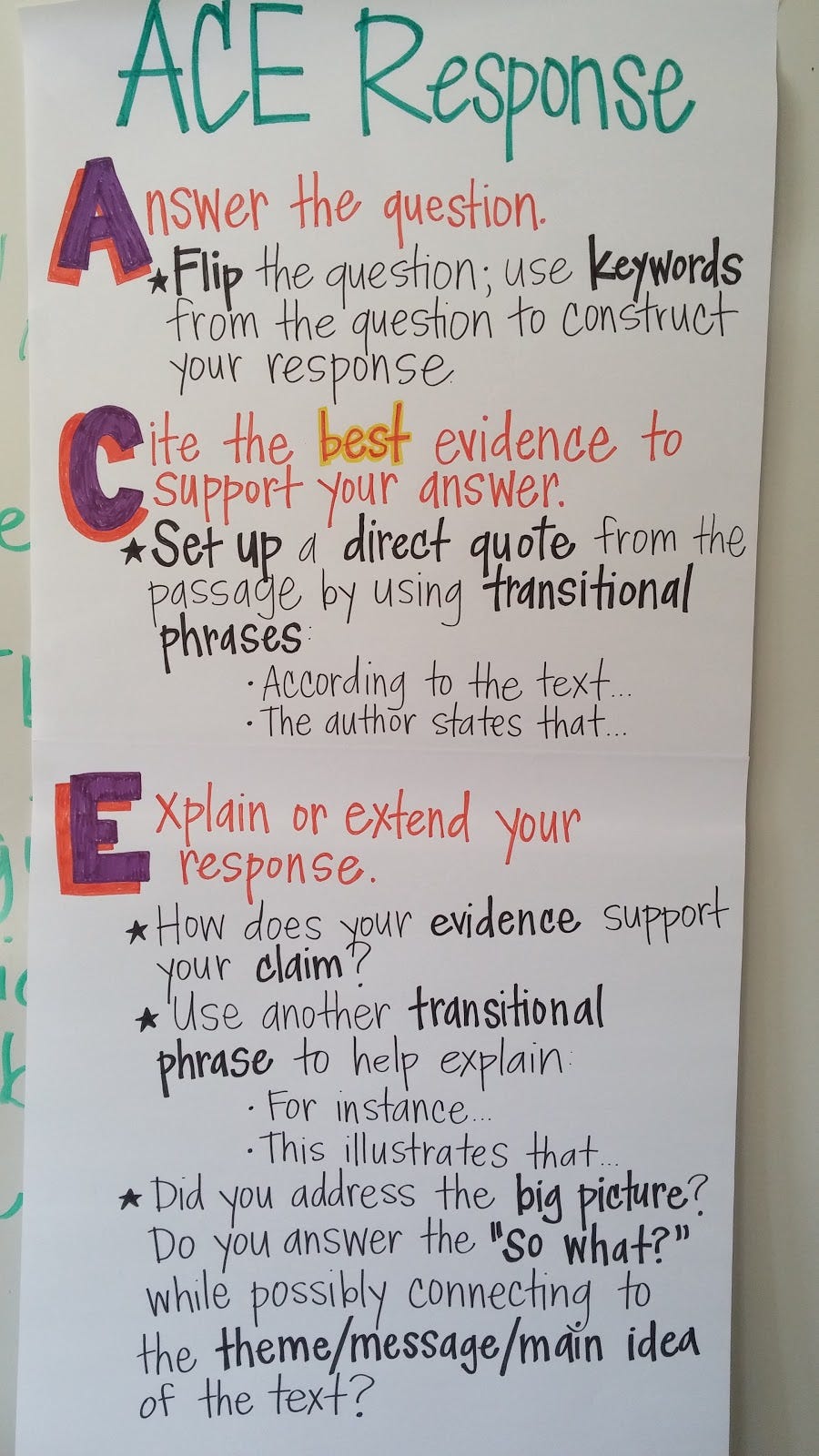 A classroom anchor chart with descriptions and questions for the ACE Response strategy. 