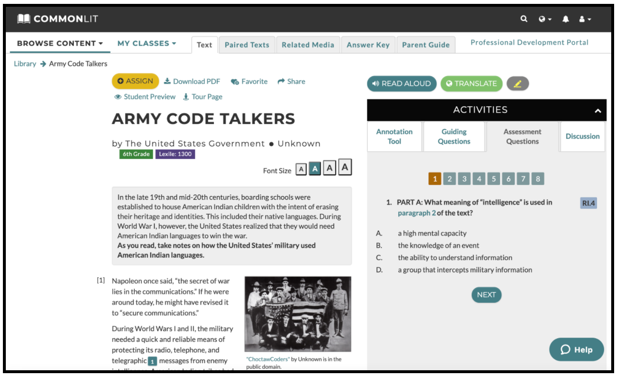 The CommonLit lesson "Army Code Talkers."