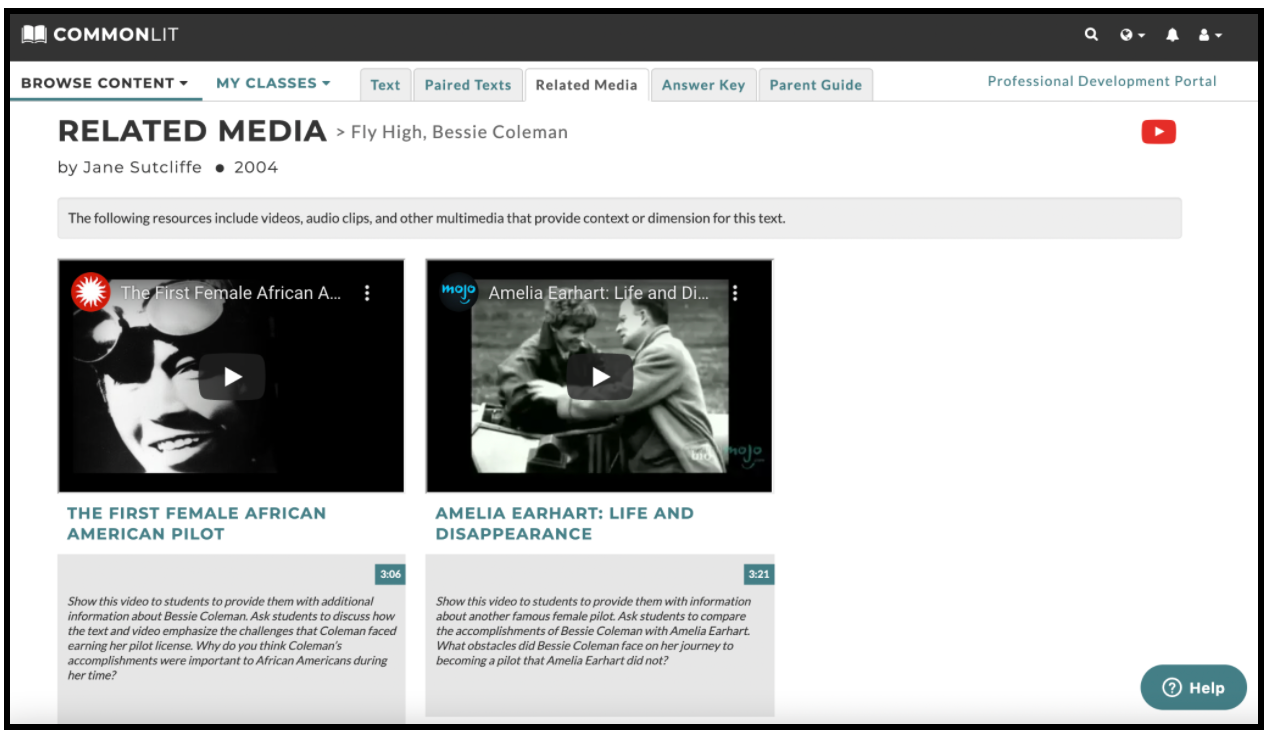 The Related Media tab for the lesson "Fly High, Bessie Coleman."