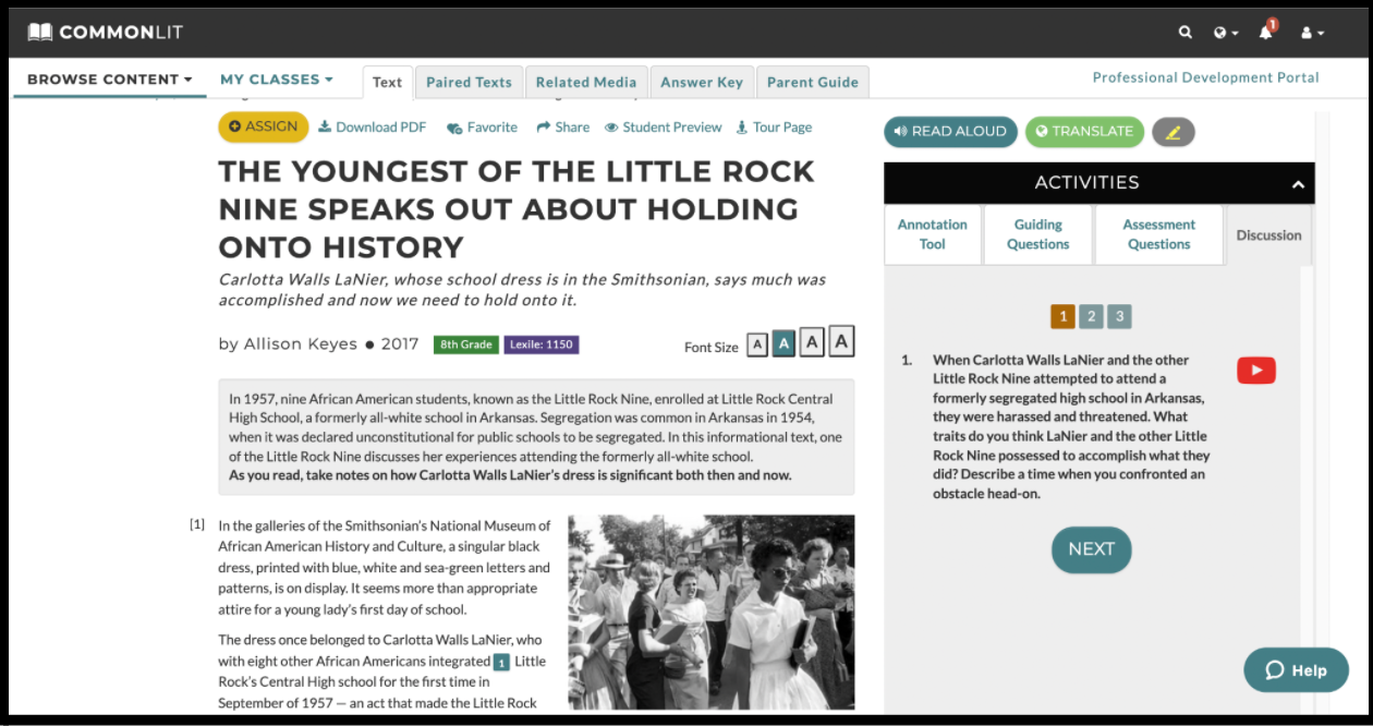 The CommonLit lesson "The Youngest of the Little Rock Nine Speaks Out About Holding Onto History."