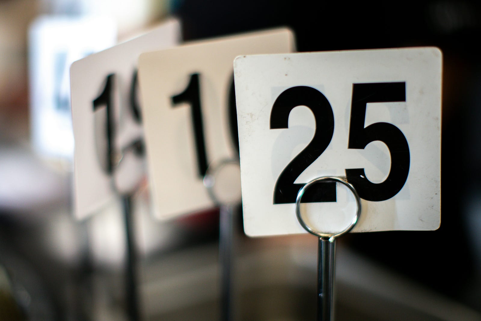 Black numbers on white cards, held up by a clip.