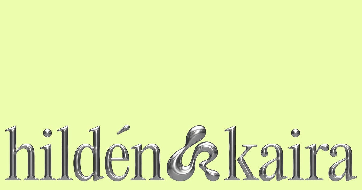 Chrome-style metallic typography logo for Hildén & Kaira on a pale green background, combining serif letterforms with fluid reflective 3D styling