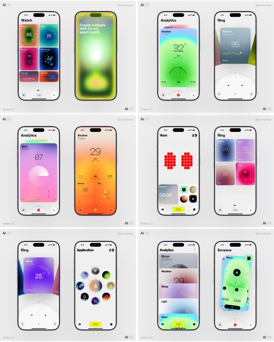 Collection of mobile UI screens showcasing an AI-powered operating system with colorful gradient widgets, analytics dashboards, and modular interface components.