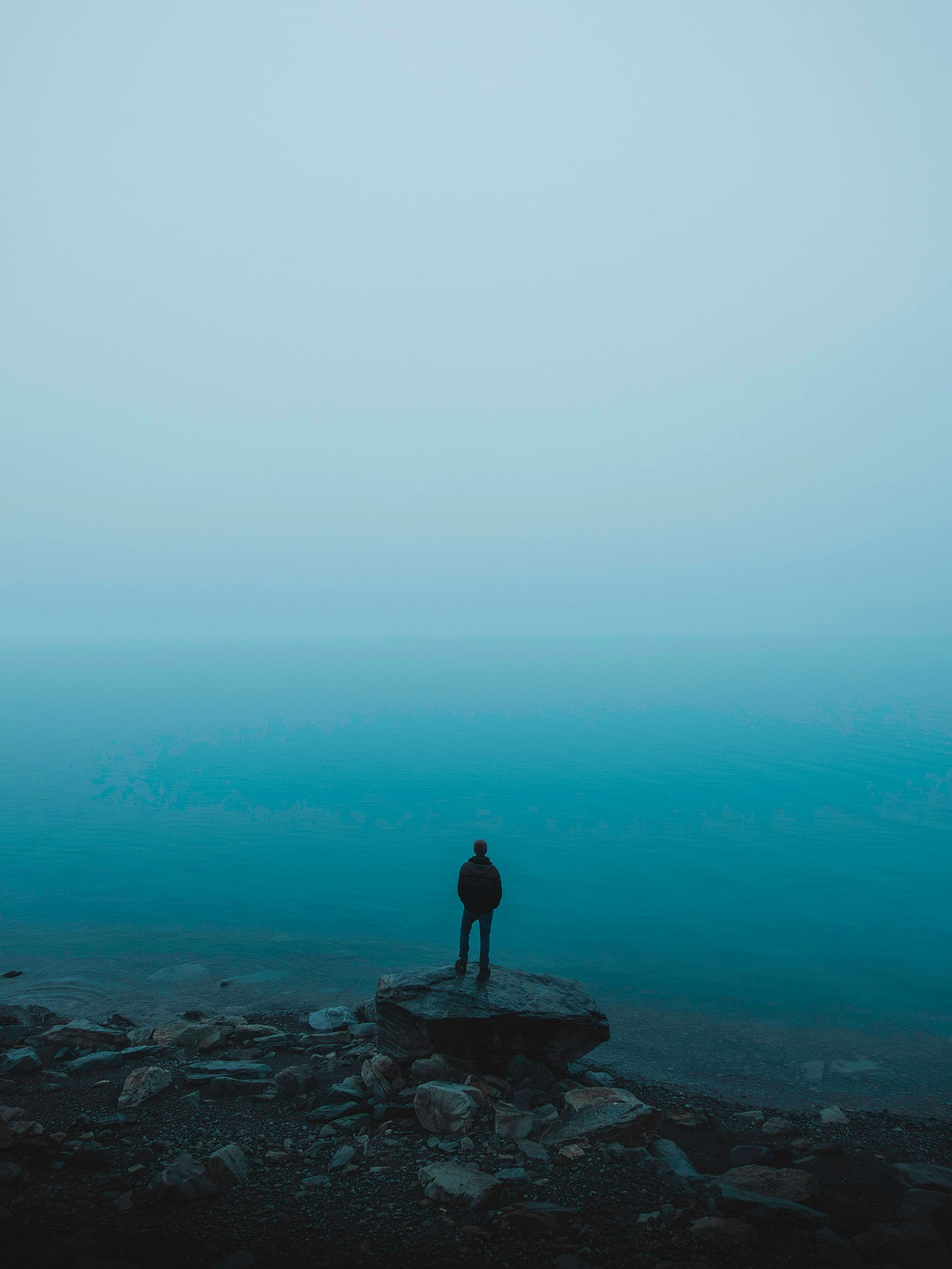 A man faces away from us as he stands on a large rock and gazes at the ocean.