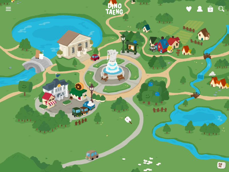 colorful illustrated map of a playful village, featuring winding paths, small houses, shops, rivers, bridges, trees, and a central fountain plaza, designed in a friendly, game-like style for Dino Taeng.