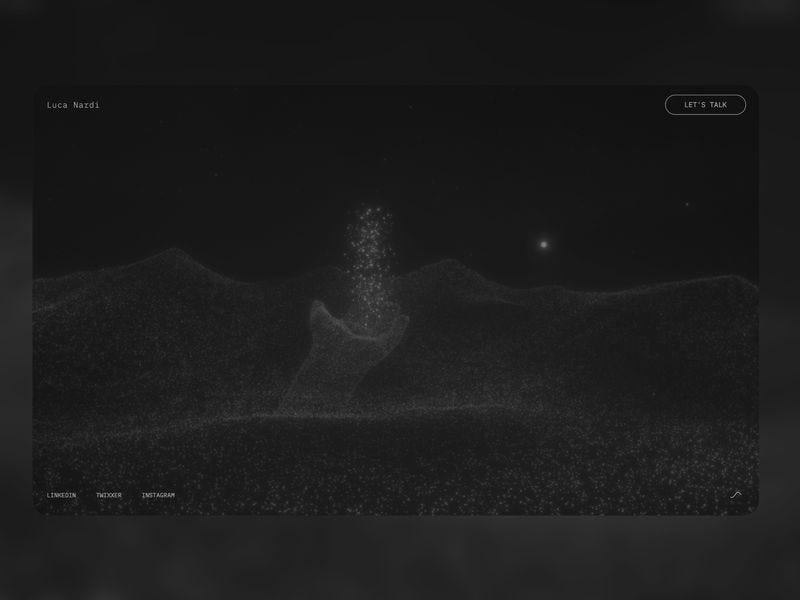 Dark immersive website scene featuring a hand formed from particles, with floating light points and a minimal interface overlay