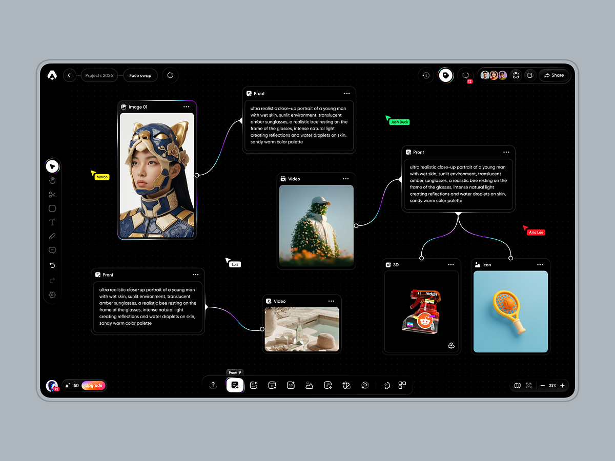 Node-based AI workflow interface showing connected prompts, images, videos, and assets in a visual editor layout