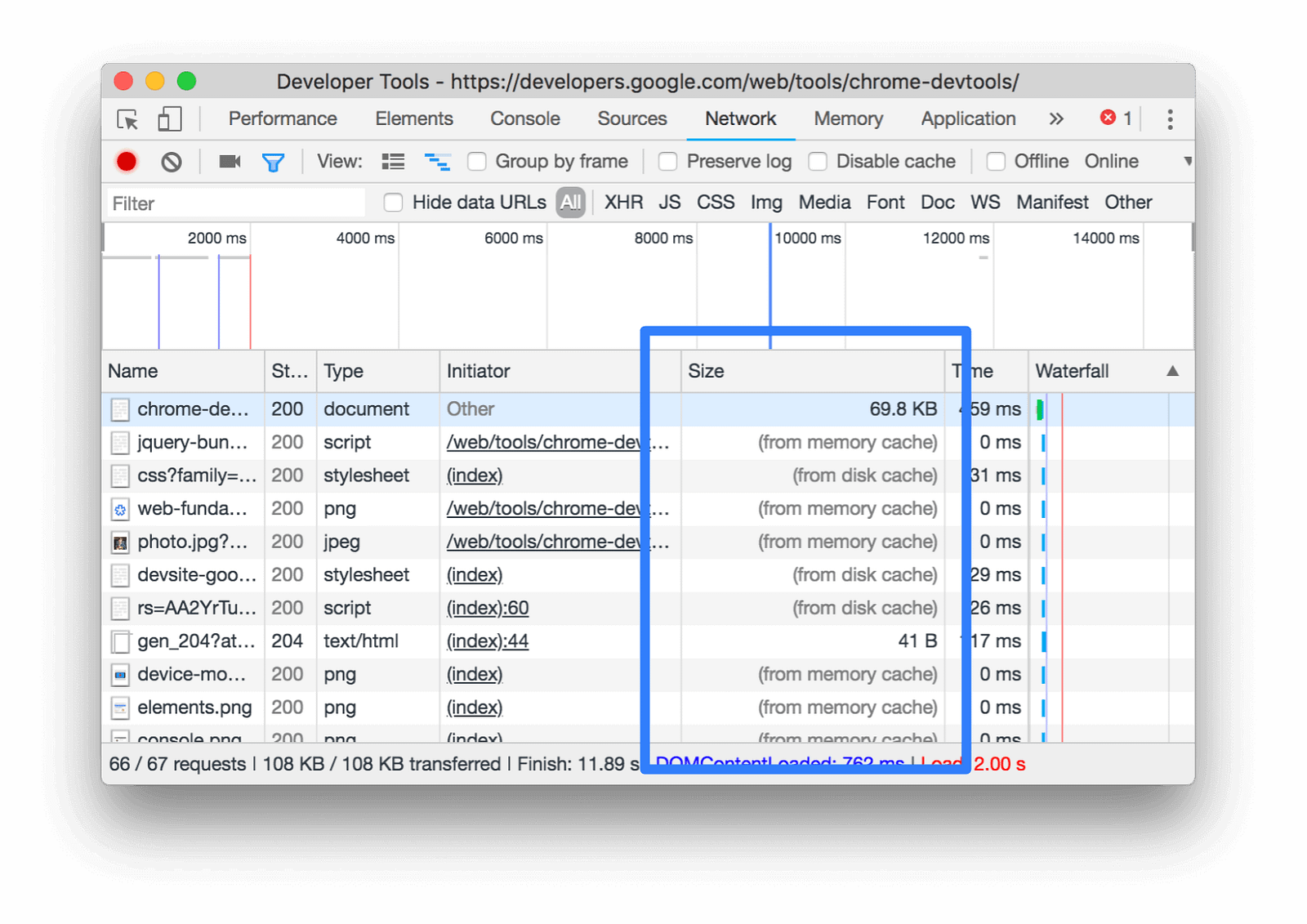 Verifying cached responses in Chrome DevTools