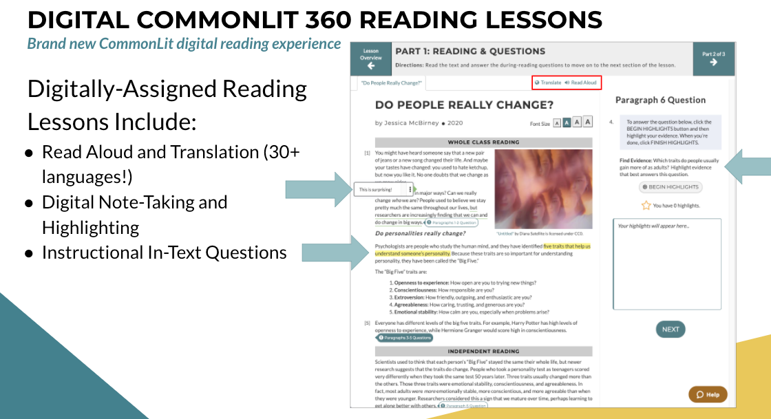 An image of a digital CommonLit 360 reading lesson, with arrows pointing to the read aloud, translation, digital note-taking and highlighting, and instructional in-text questions features.