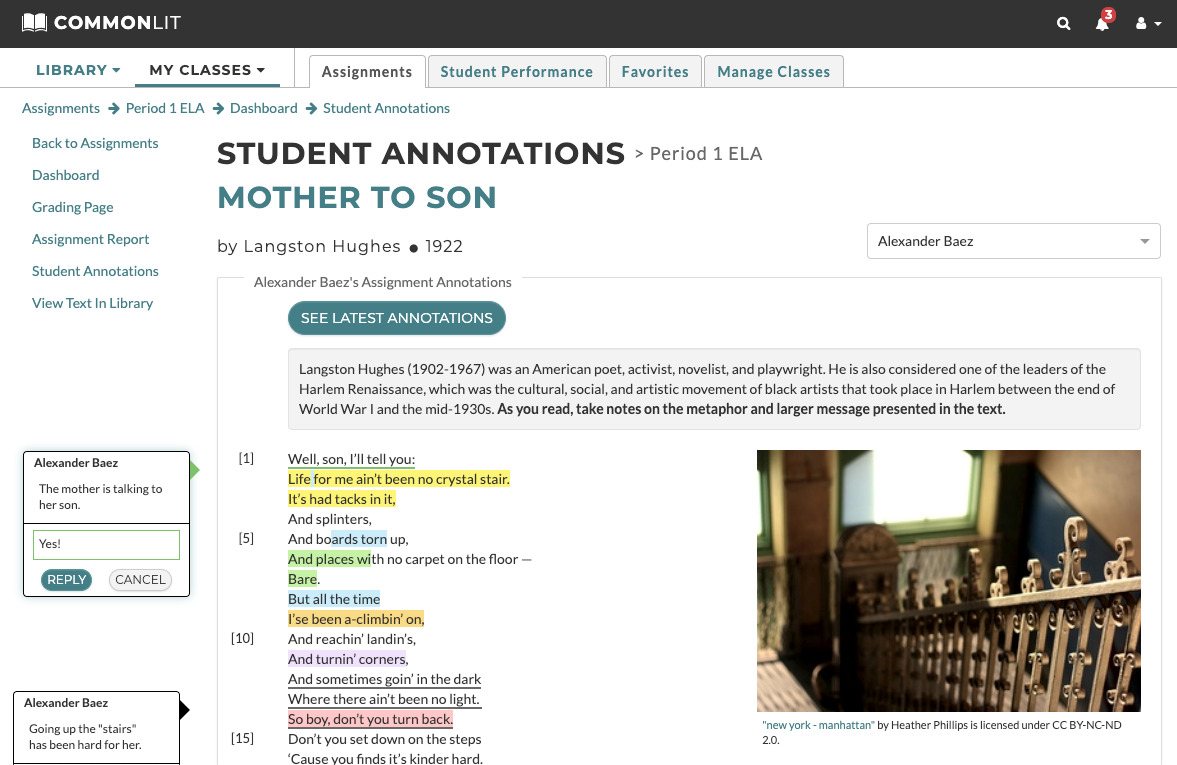 Teacher responses to student annotations on a CommonLit lesson.