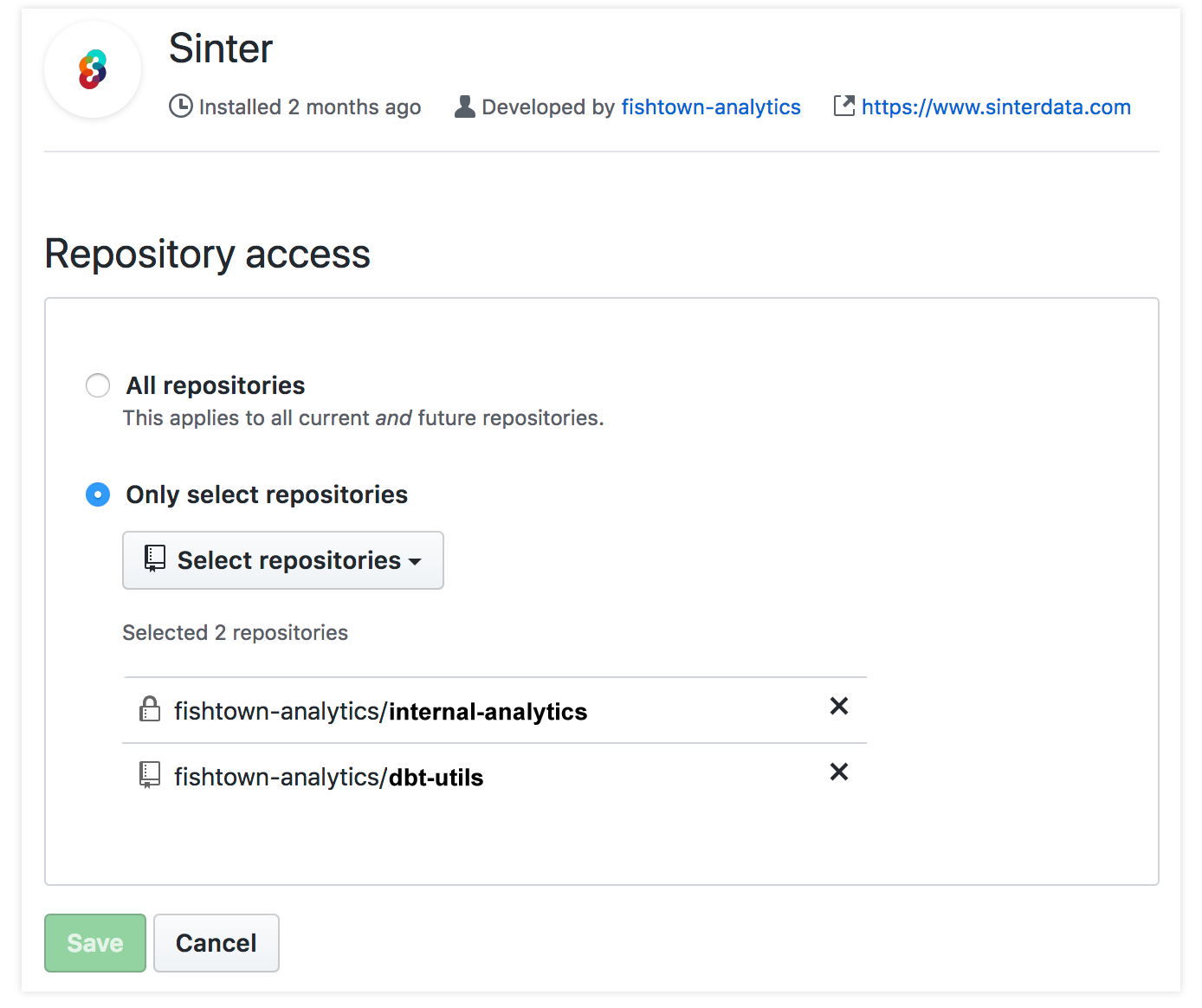 Screenshow showing Sinter authorization in GitHub