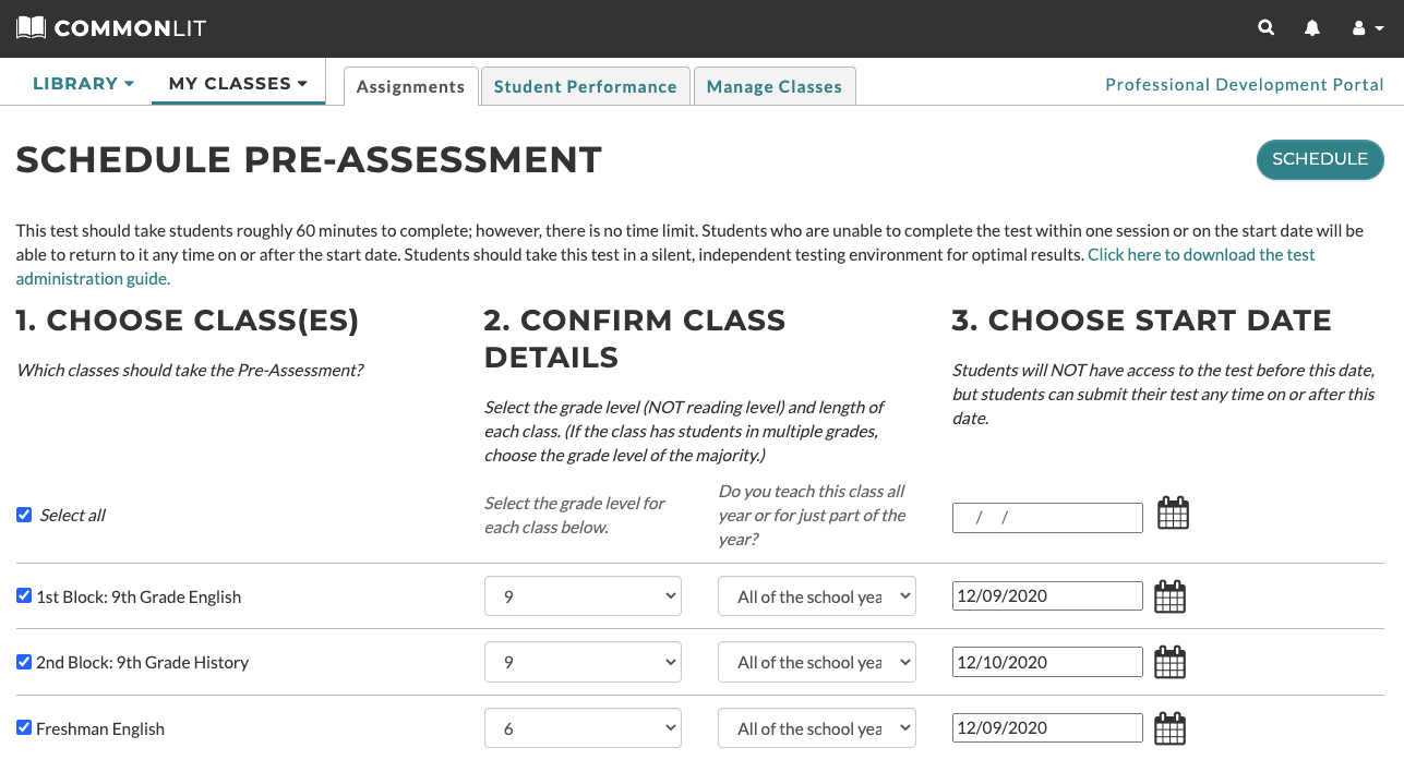 The "Schedule Pre-Assessment" page with options to choose class(es), confirm their details, and choose a start date. 