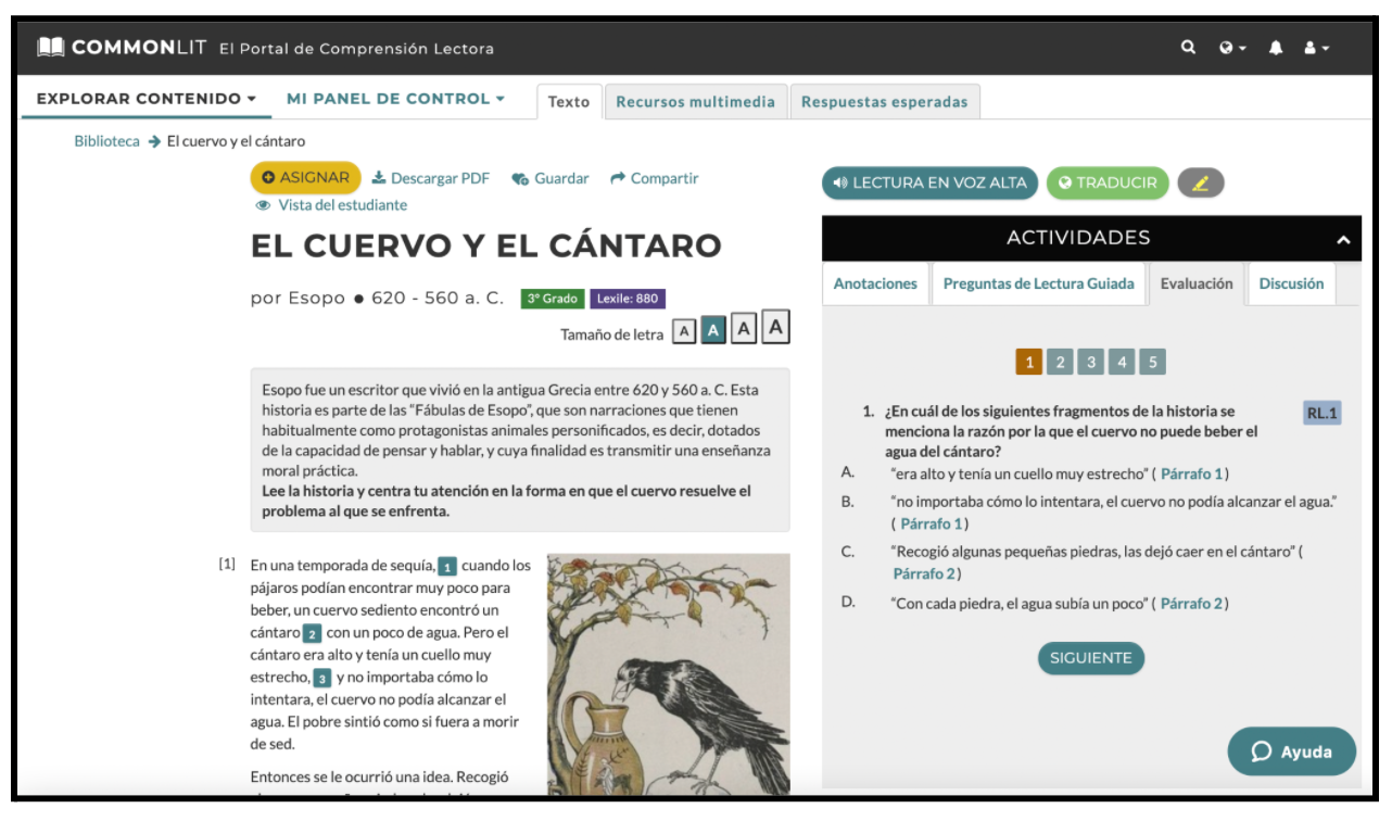The CommonLit Español lesson "El cuervo y el cántaro."