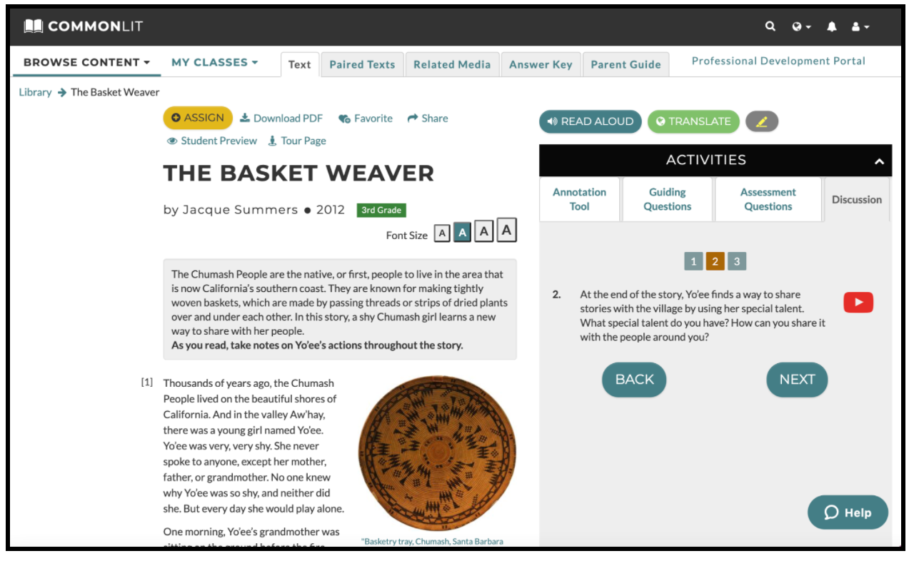The CommonLit lesson "The Basket Weaver."