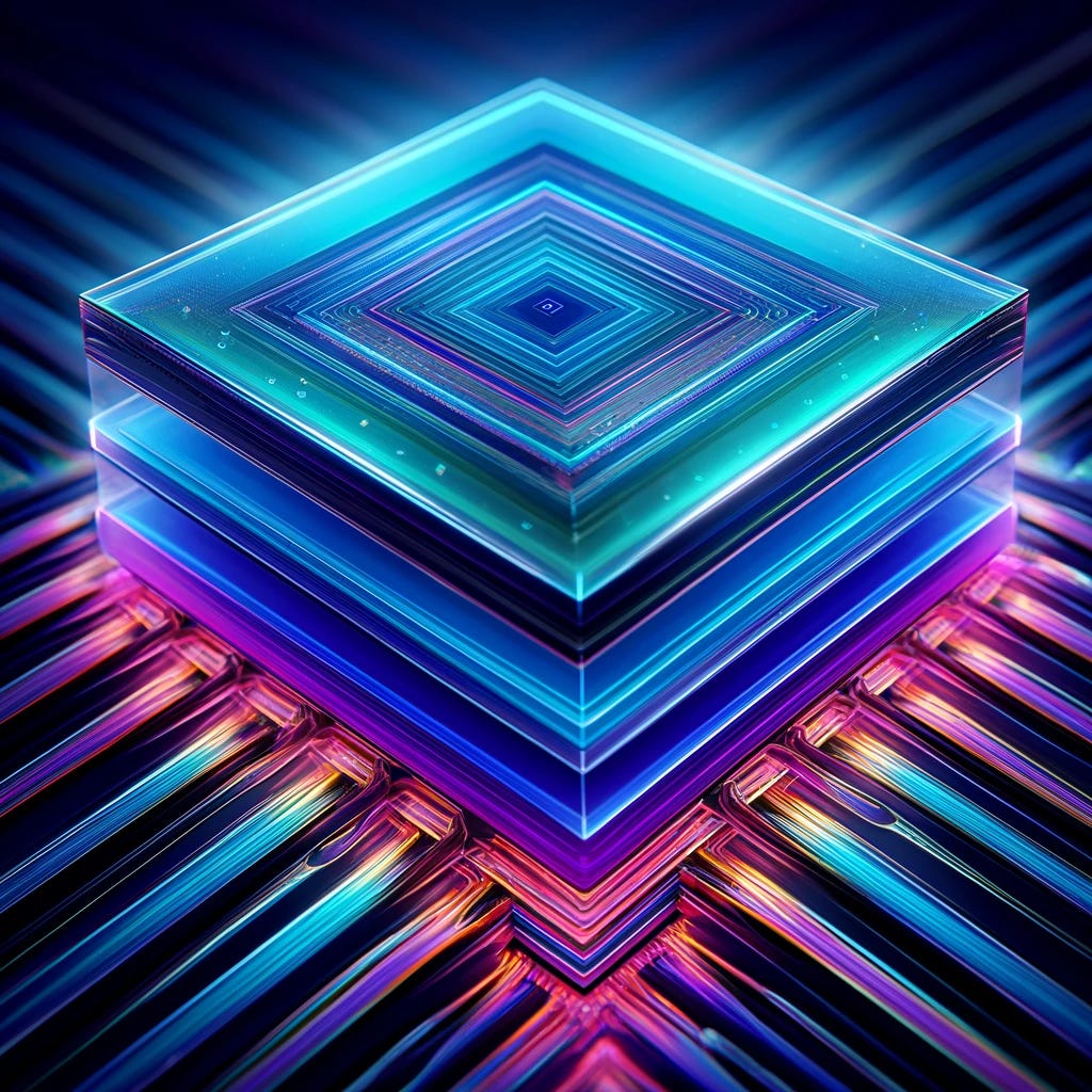 An abstract artistic representation of thin-film lithium niobate optical devices. The image shows layers of material in vibrant colors like blue and purple, symbolizing different optical properties. The structure is highlighted in a glowing, ethereal manner, emphasizing the futuristic and advanced nature of this high-tech material.