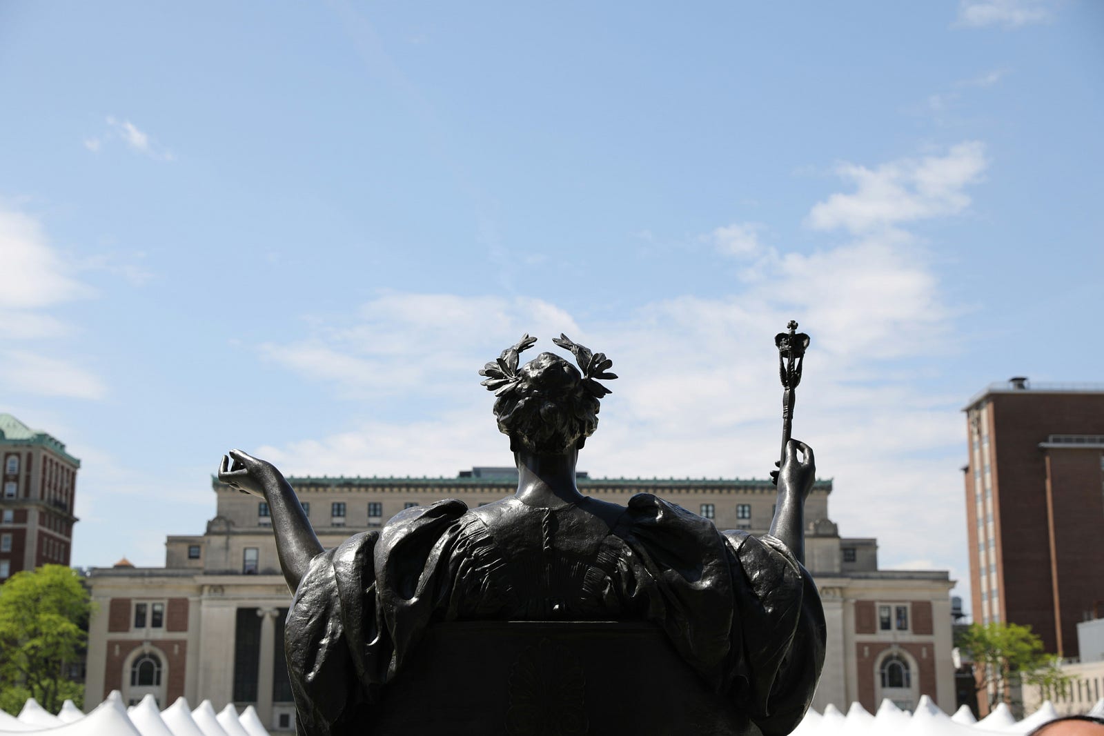 The statue of Columbia University’s Alma Mater, as seen from behind.