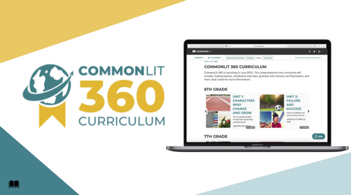 A teal and yellow "CommonLit 360" logo next to a computer screen that shows some CommonLit 360 units.