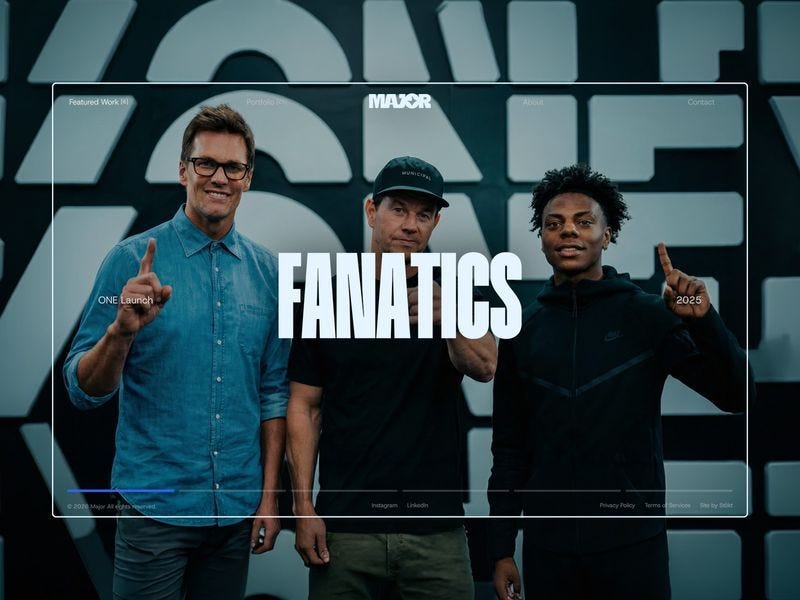 Fanatics campaign hero featuring three people posing in front of a bold typographic background, with a minimal website UI overlay from Major Media Agency