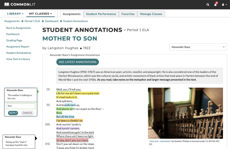 A screenshot of teacher responses to student annotations on a CommonLit lesson.