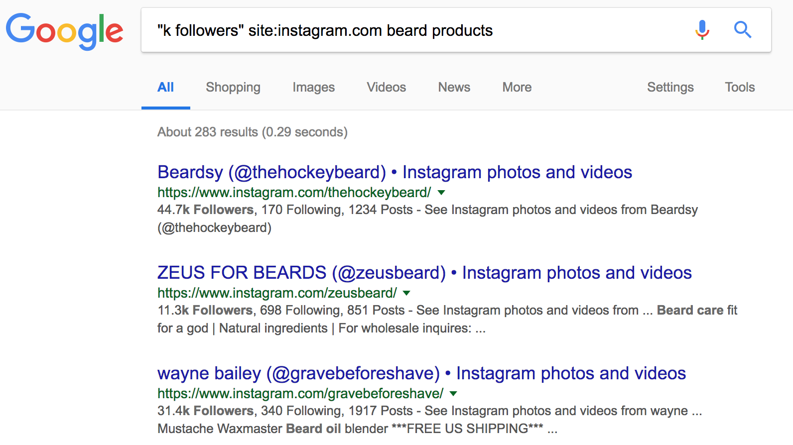 i get 283 results of beard product related instagram accounts that have at least 10k followers - find instagram accounts based on followers