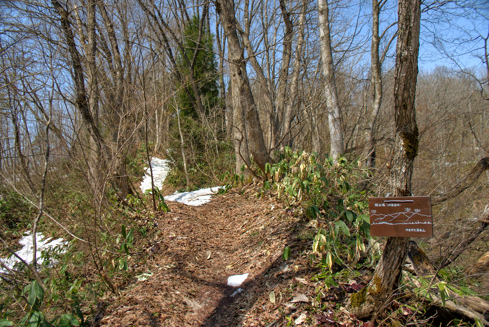 A mountain trail up Mt. Yamuki along a thin ridge with snow blocking the path and a sign in the foreground.
