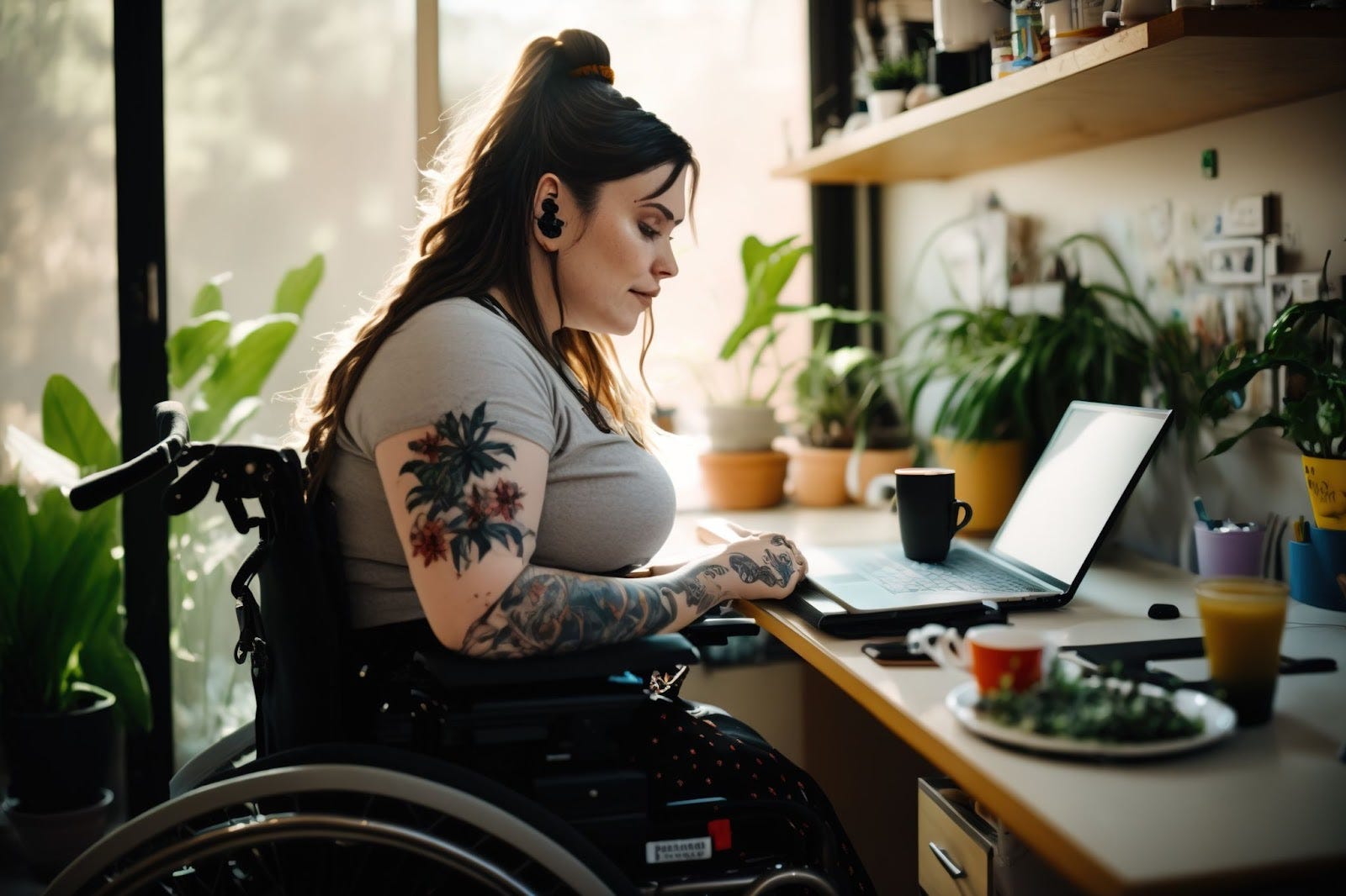 An AI-generated photo of a fair skinned person with long dark hair up in a ponytail using a wheelchair, at a desk in front of a laptop.