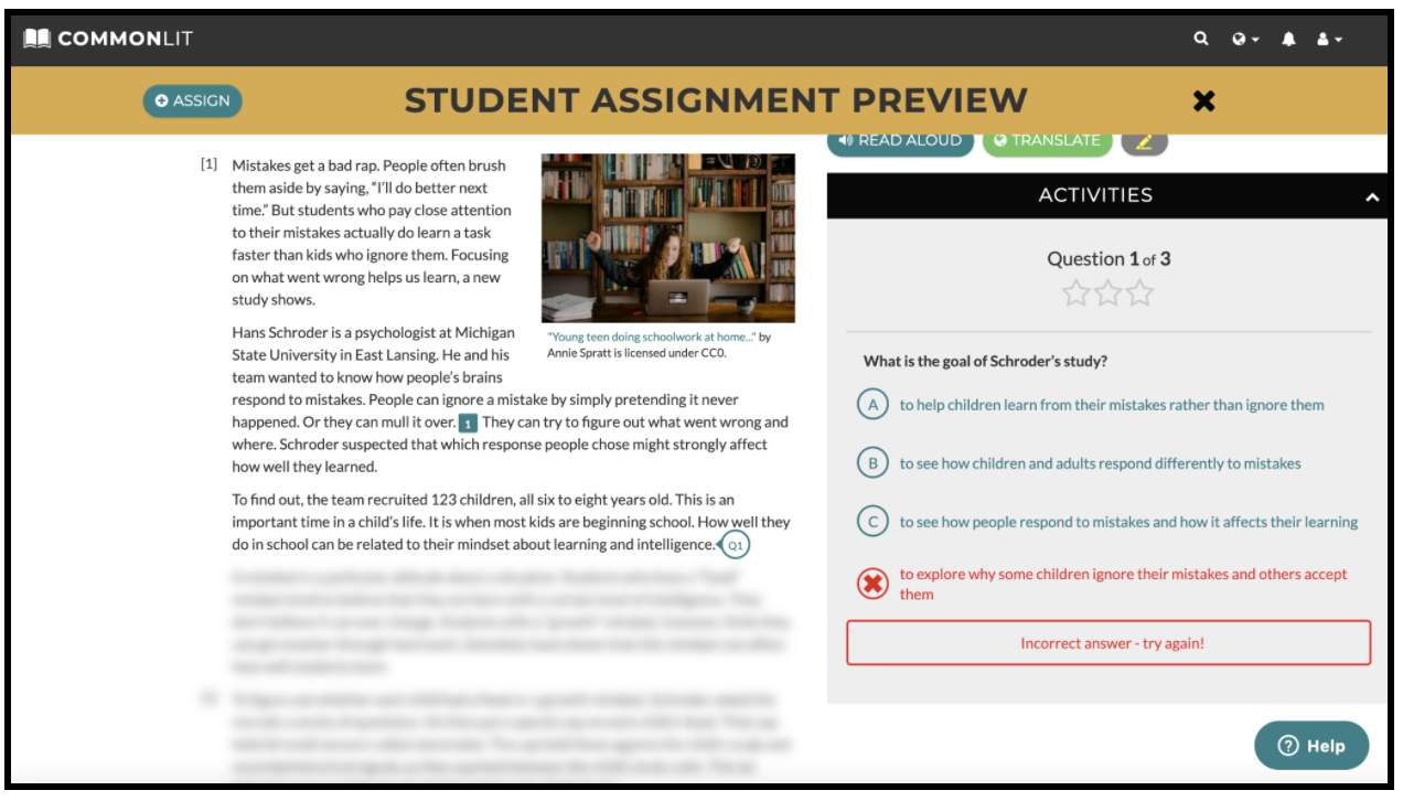 A Student Assignment Preview for a CommonLit lesson with Guided Reading Mode enabled so part of the text is blurred.