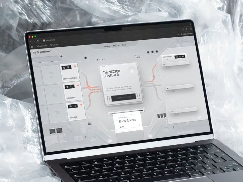 Laptop displaying a futuristic UI dashboard interface, placed against a translucent plastic background