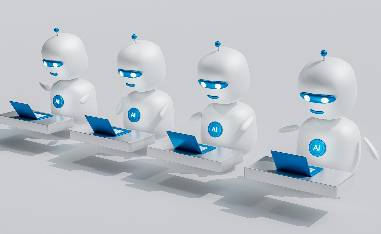 Four cartoon white and blue robotic machines type numbers into portable computers.