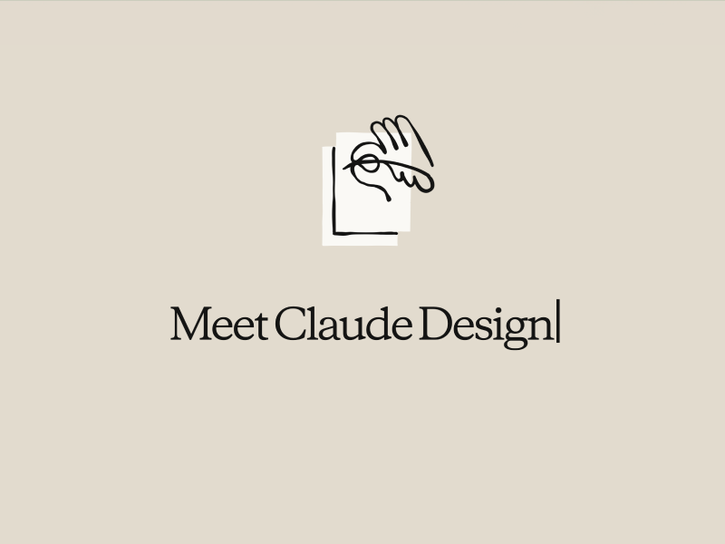 Minimal beige screen with a hand-drawn icon and the headline “Meet Claude Design” in elegant serif typography.