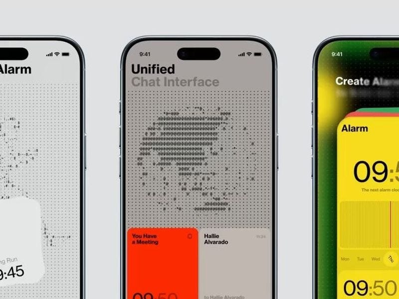 Three mobile app screens showing an AI-powered interface with chat, alarm, and dashboard elements in a clean iOS design
