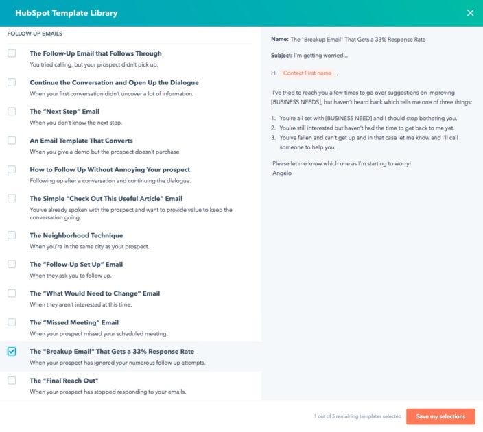 Modelo de email de vendas com 33 por cento de taxa de resposta. Modelo de breakup email disponível no HubSpot CRM