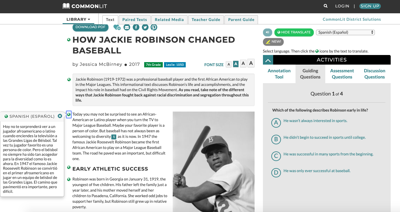 The CommonLit lesson "How Jackie Robinson Changed Baseball" with the Translation tool enabled.