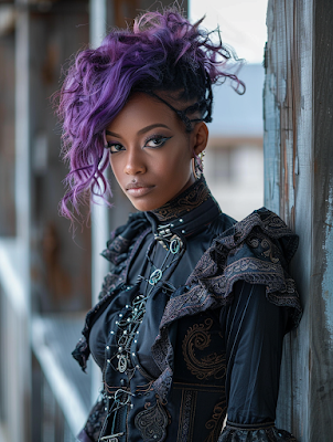 stunning African American female explorer, purple hair, ornate Bohemian black outfit, created by Midjourney AI image generated.