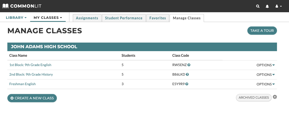 The Manage Classes tab in a teacher's account on CommonLit.org.