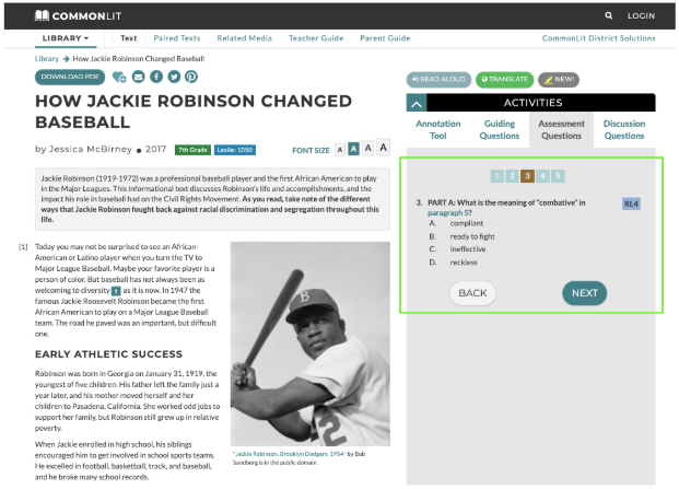 "How Jackie Robinson Changed Baseball" by Jessica McBirney lesson with Assessment Question three selected.