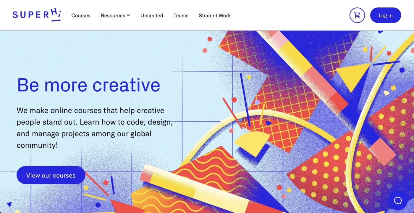 The homepage of SuperHi, a design bootcamp