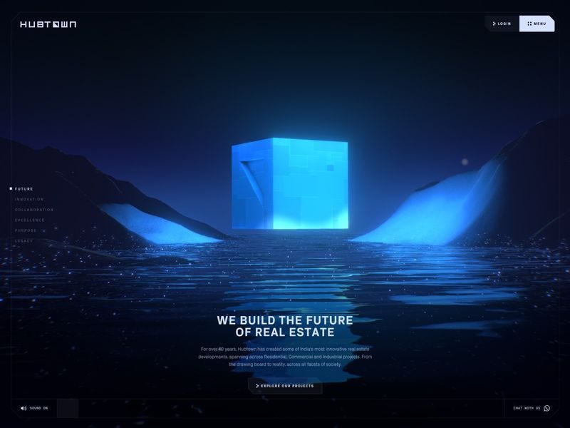 Futuristic real estate website hero showing a glowing blue cube floating in a digital ocean landscape, with the headline “We build the future of real estate” on a dark immersive interface.