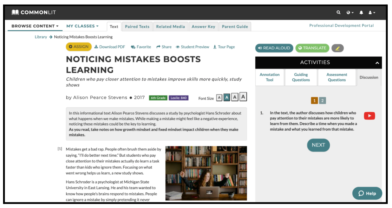 The CommonLit lesson "Noticing Mistakes Boosts Learning."