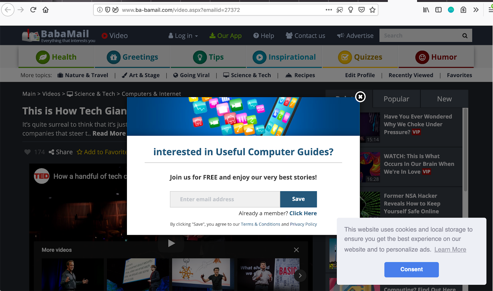 A modal in the center of the screen reads "Interested in useful computer guides?" with a email signup form. 