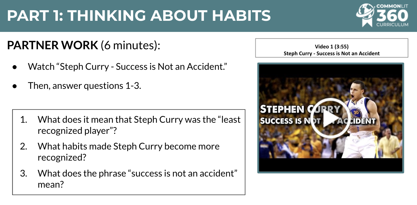 A slide from a Related Media exploration with a video and questions about Steph Curry.