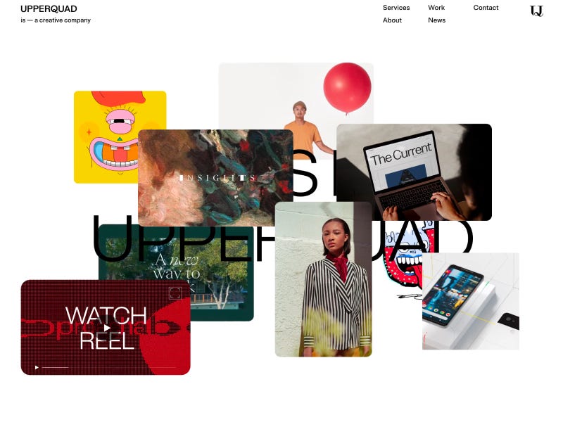 Upperquad agency website showcasing a collage of creative projects, combining illustration, photography, and product design in a layered grid layout