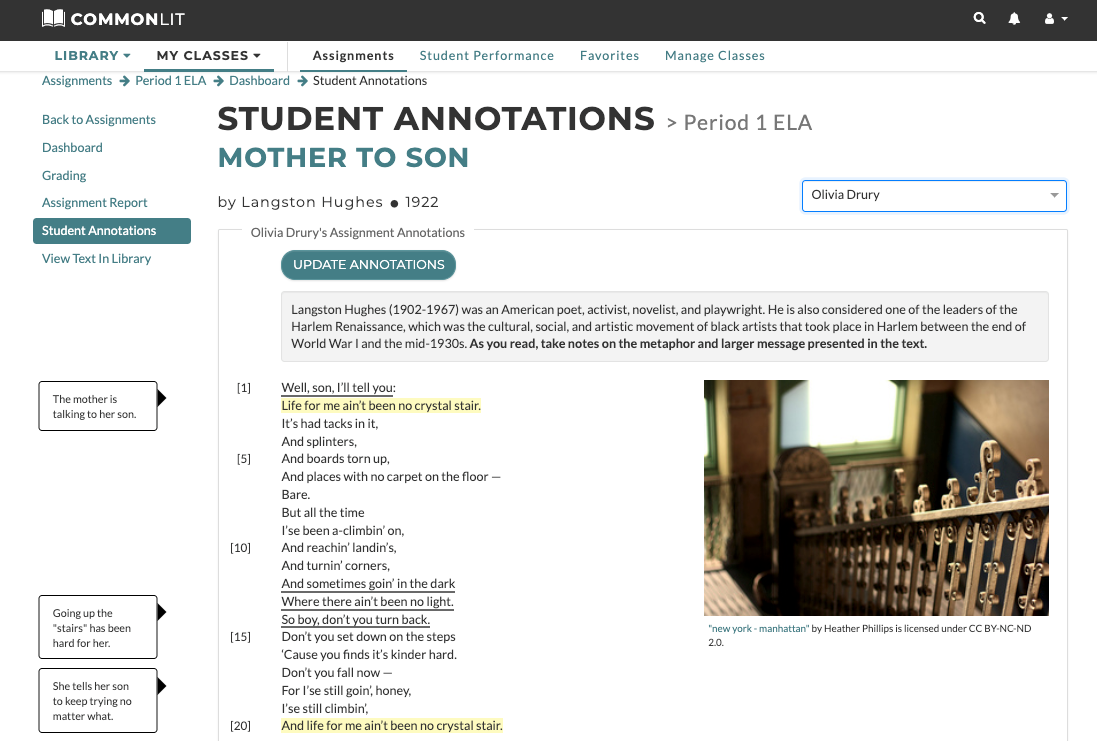 A teacher's view of student annotations on the CommonLit lesson "Mother to Son."