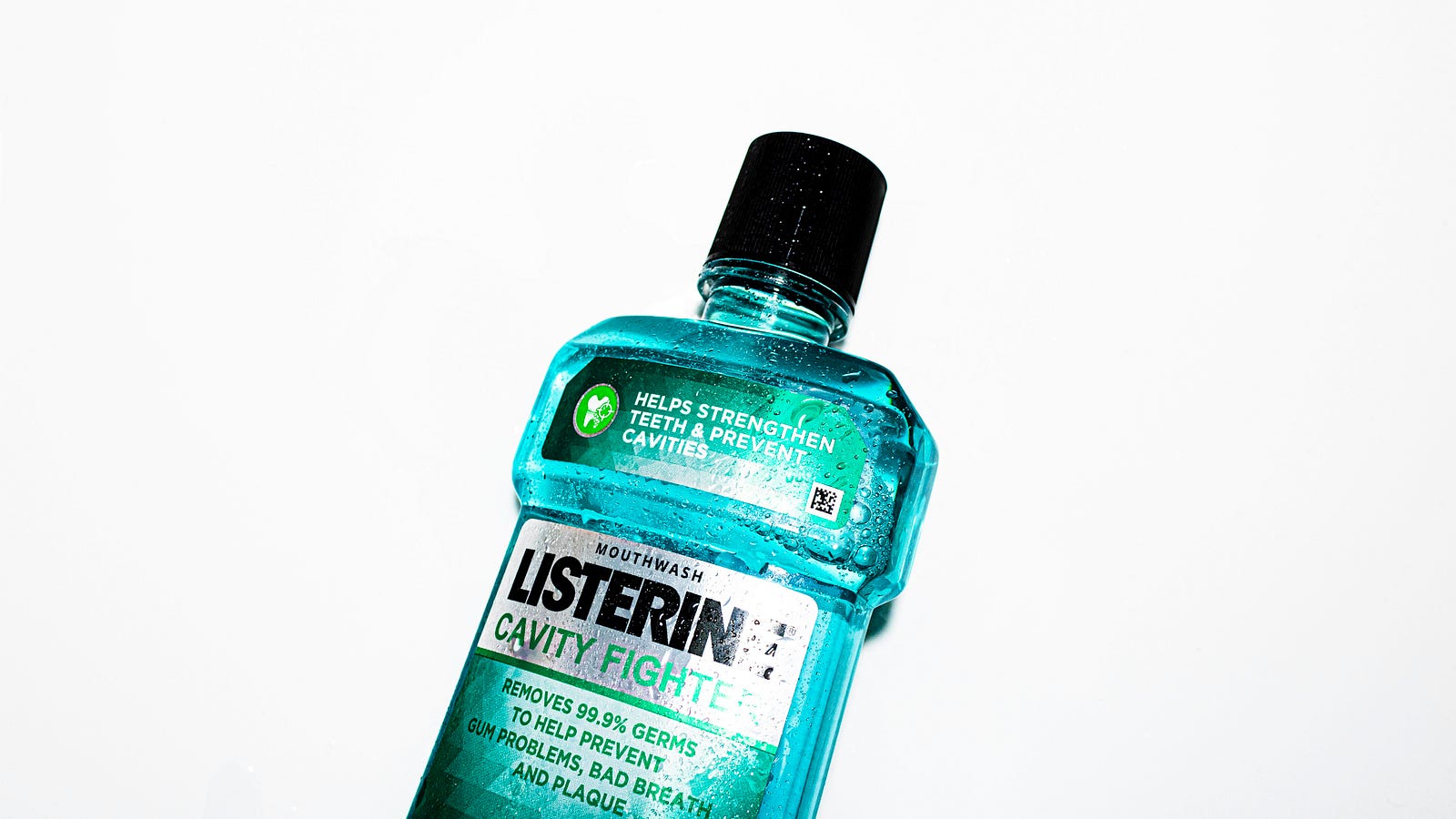 A bottle of blue-green Listerine. A new study suggests that gargling mouthwash can help fight type 2 diabetes.