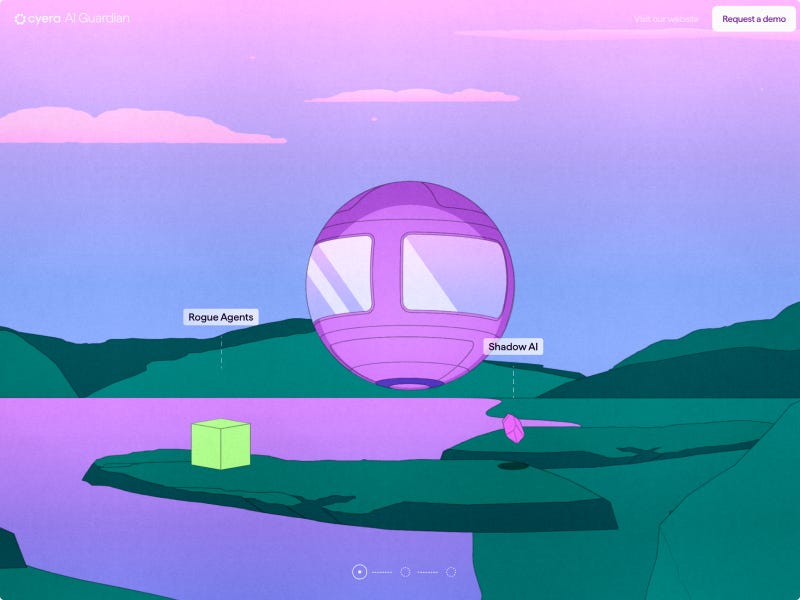 Futuristic AI security interface featuring a floating purple orb over a surreal landscape with neon green islands, soft gradients, and labeled AI threats in a cinematic sci-fi visual style.