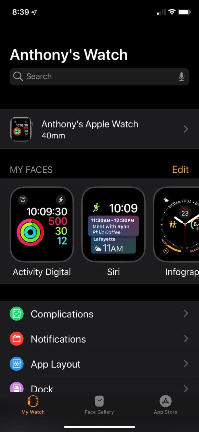 Watch faces shown in the app
