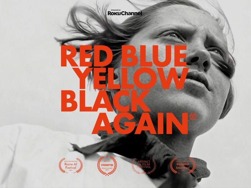 Black and white portrait of a woman with wind-blown hair, overlaid with bold red “Red Blue Yellow Black Again” typography and award laurels