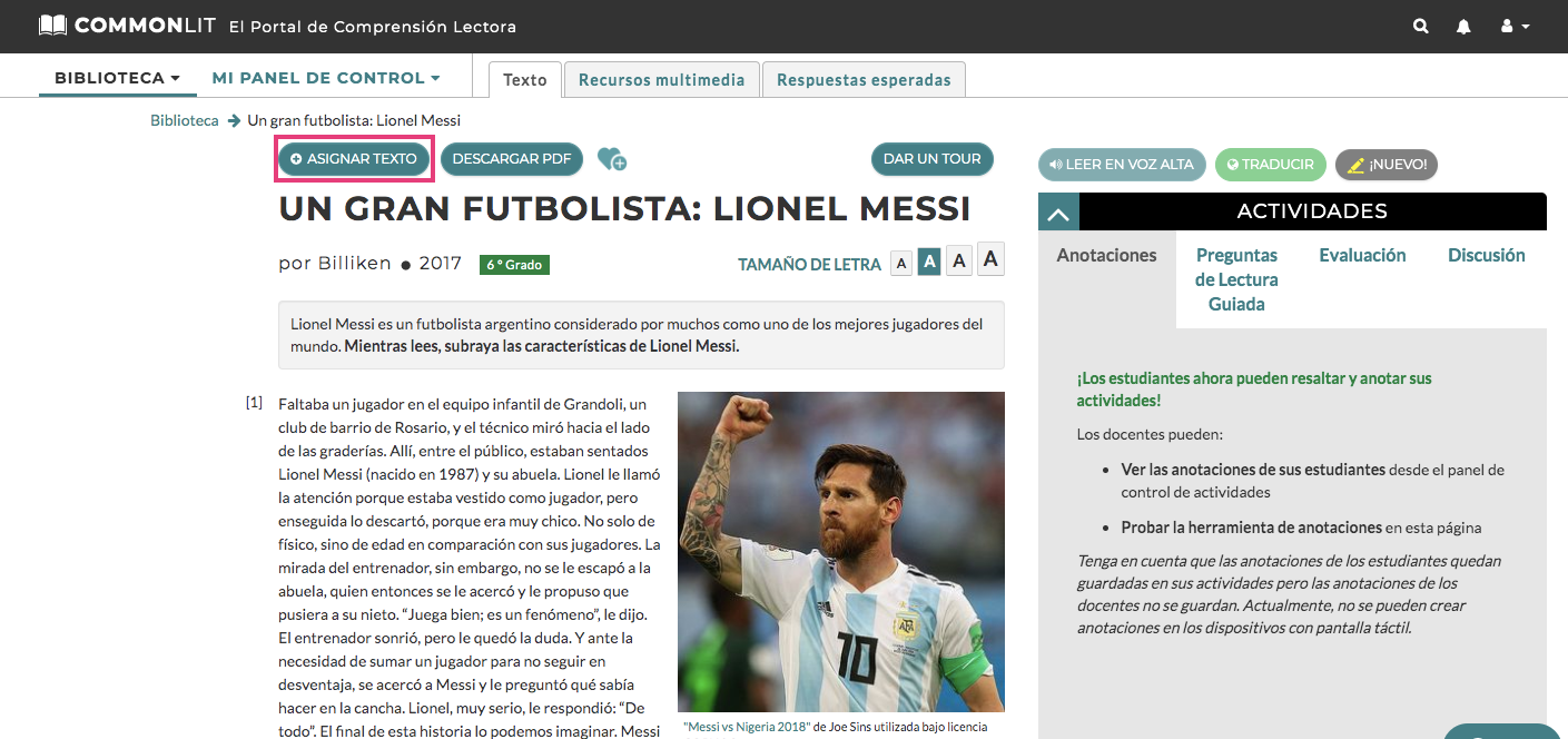 La lección "Un gran futbolista: Lionel Messi."