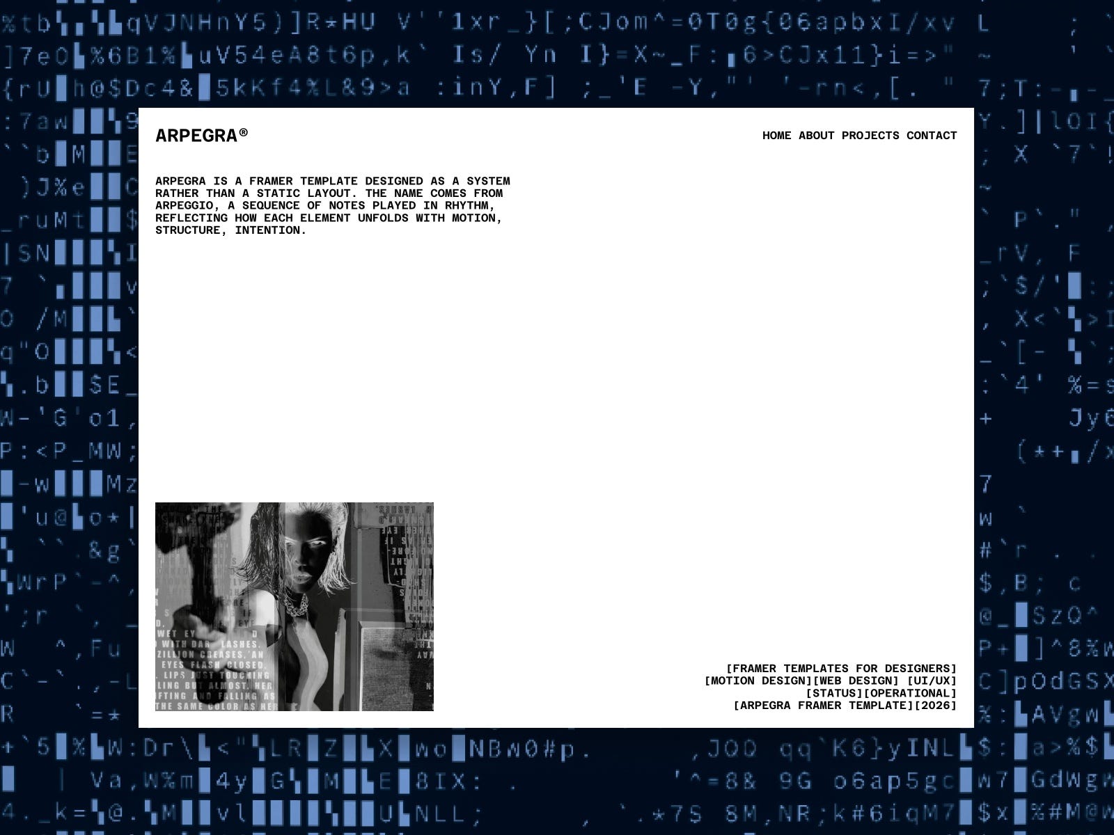 Minimal typographic website layout presenting the Arpegra Framer template, set against a dark background with abstract code-like patterns.